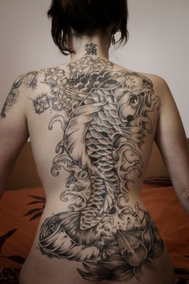 Koi Fish Girl's Back Tattoo