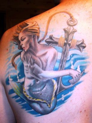 Mermaid And Cross Anchor Tattoo