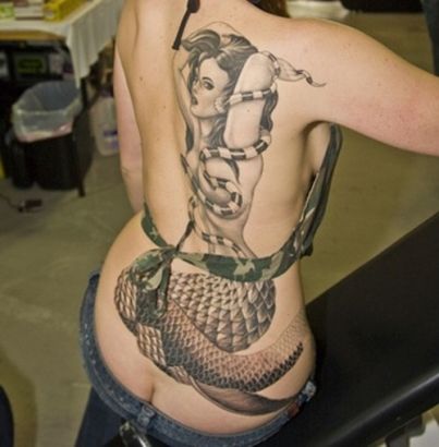 Mermaid And Snake Tattoo On Back