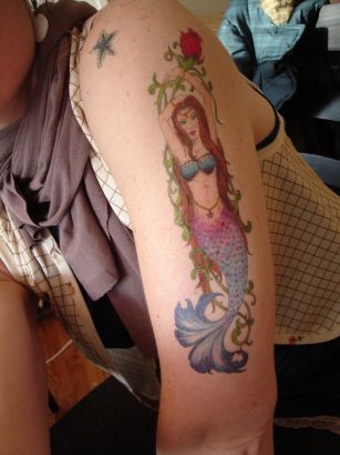 Mermaid With Flower Vine Tattoo