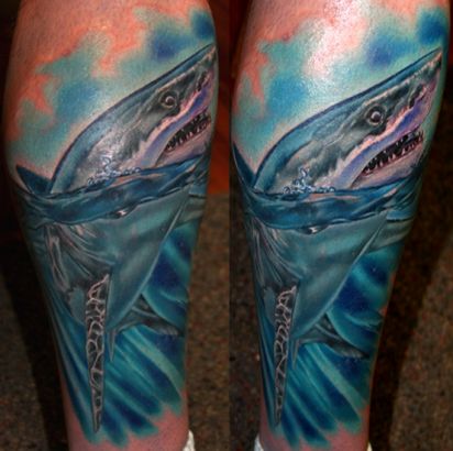 Blue Shark Tattoo On Leg