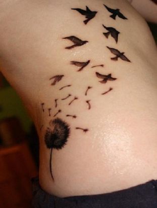 Dandelion Blow And Flying Birds Tattoo On Side Back