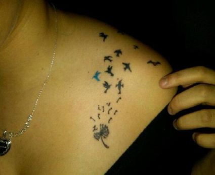 Dandelion Flower And Flying Birds Tattoo On Shoulder