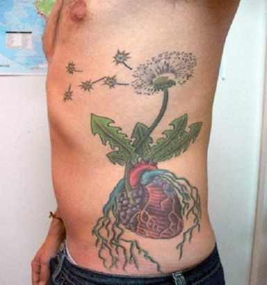 Dandelion Flower And Heart Tattoo On Rib