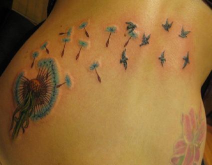 Dandelion Flower Blowing With Bird Tattoo On Backs