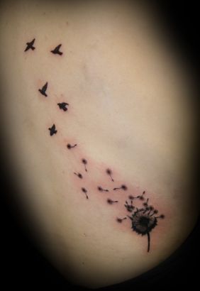 Dandelion Flower Seeds Blowing And Birds Flying Tattoo