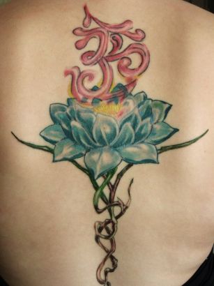 Lotus And Om Back Tattoo