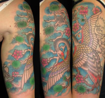 Crane And Flower Tattoo