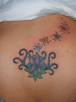 Flower And Colorful Butterflies Tattoo