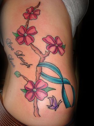 Flower And Blue Ribbon Tattoo