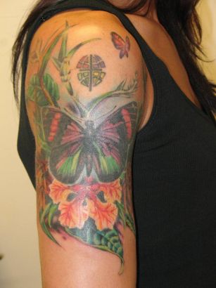 Tropical Flower And Butterfly Tattoo