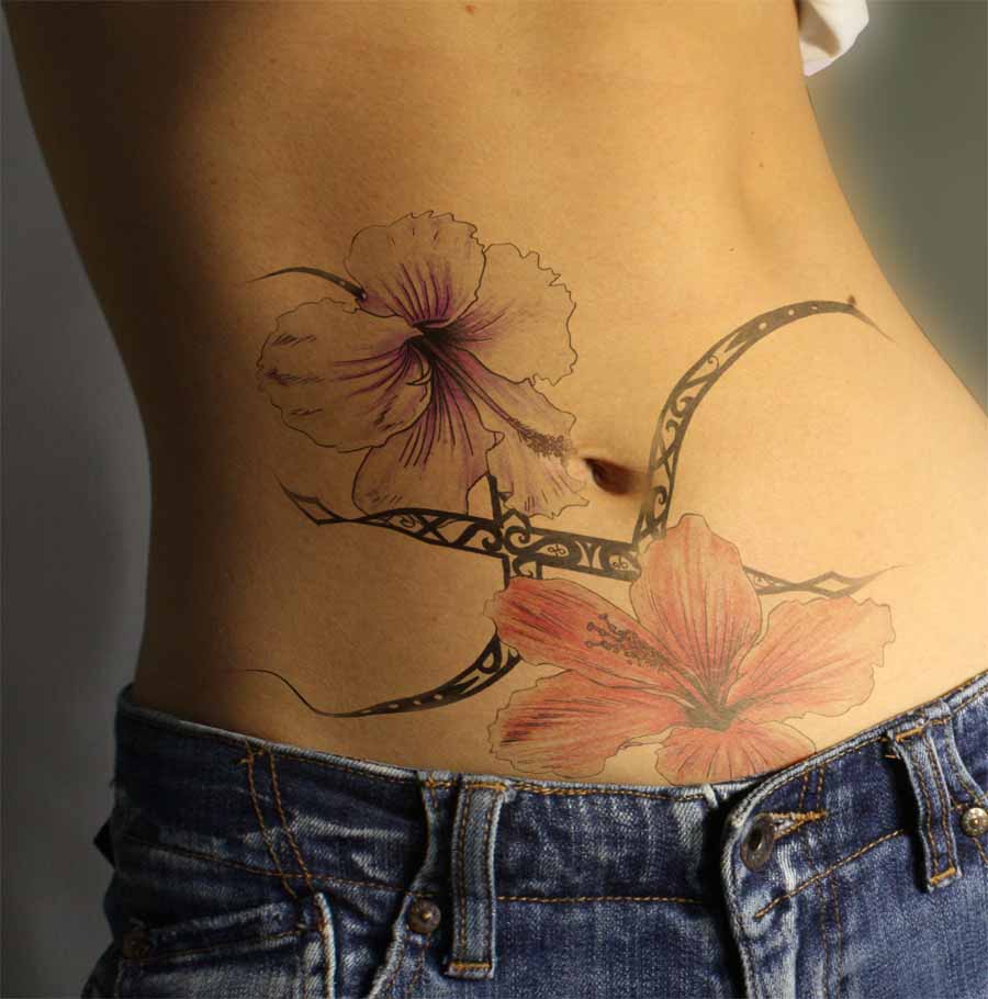 Flower Tattoos On Girl's Stomach