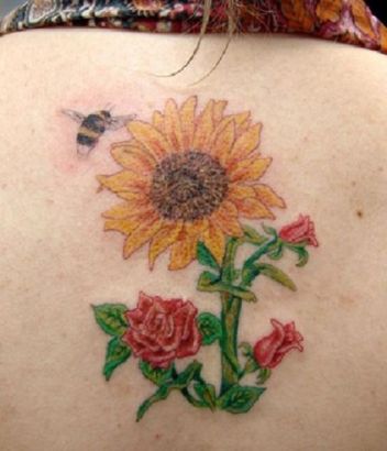 Sunflower And Rose Pic Tattoo On Back