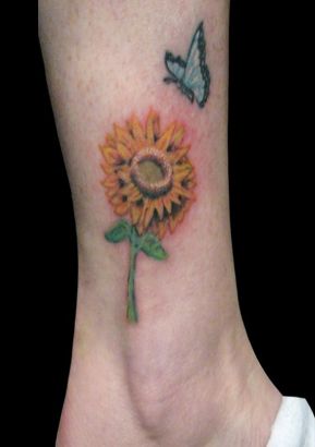 Sunflower And Butterfly Pic Tattoo On Leg