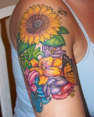 Sunflower And Flying Bee Tattoo On Arm