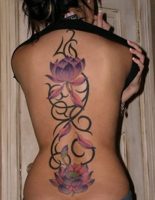 Lotus Flower Tribal Vine Tattoo On Girl Back