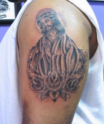 Jesus And Rose Flower Tattoo On Arm