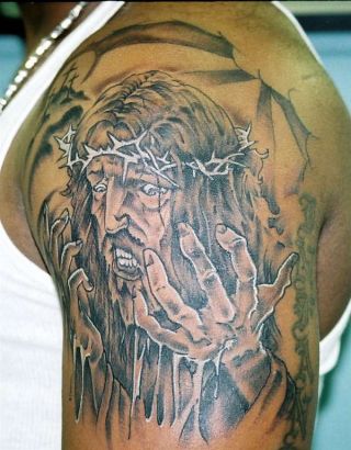 Jesus Tattoo Image On Left Arm