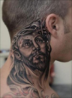 Jesus Image Tattoo On Neck