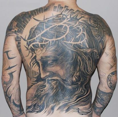 Large Jesus Pic Tattoo On Back