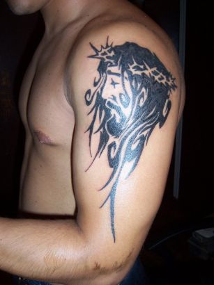 Tribal Jesus Tattoo On Arm