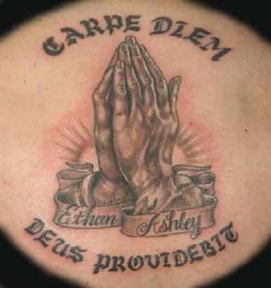 Praying Hand And Text Tattoo