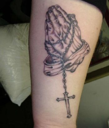 Praying Hand And Cross Amulet Tattoo