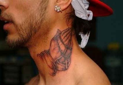 Praying Hand Tattoo On Neck