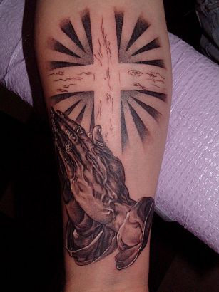 Praying Hand And Cross Tatoo