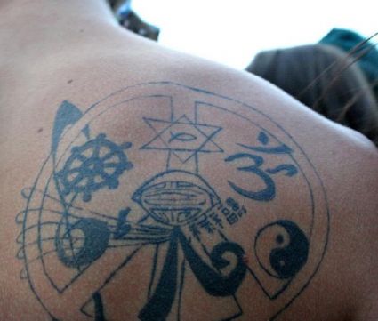 Religious Symbol Tattoo On Shoudler