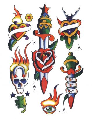 Colored Dagger And Skull Tat
