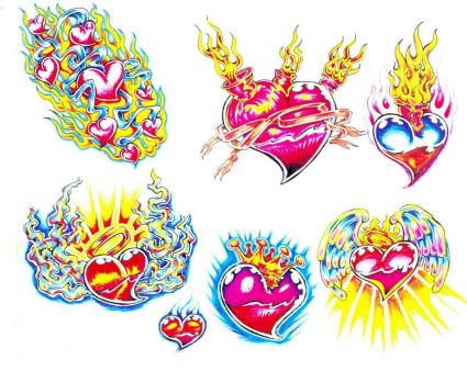 Colored And Flaming Heart Tattoo
