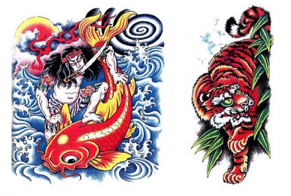 Colored Tiger And Fish Tattoo 