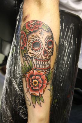 Skull And Rose Tat On Arm