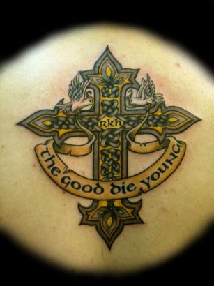 Celtic Cross And Text Tattoo