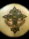 celtic cross and text tattoo