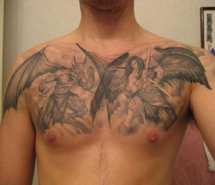 Angel Fight With Demon Tattoo On Chest