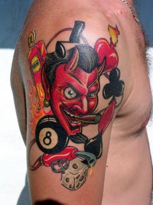 Demon And Eight Ball Tattoo On Arm