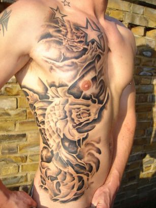 Demon And Koi Fish Tattoo On Rib