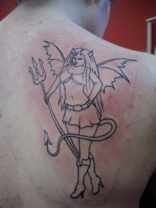 Demon Girl Tattoo On Right Shoulder Blade