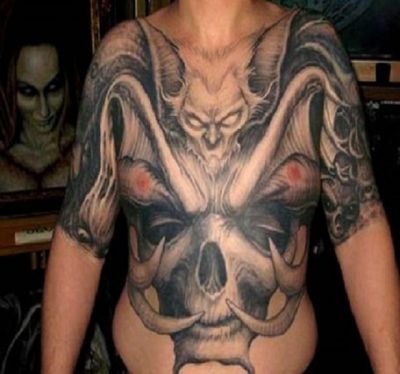 Tattoo uploaded by Maud DARDEAU • #devil #demon #black #chest #linework  #engraving • Tattoodo