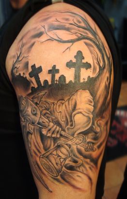 Grim Reaper And Cross Tattoo On Arm