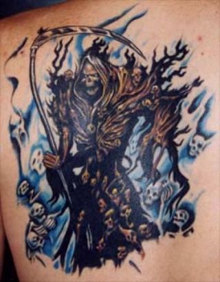 Grim Reaper And Skulls Tattoos On Back