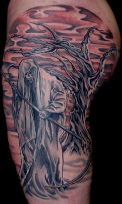 Grim Reaper And Tree Tattoo On Hip