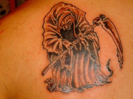 Grim Reaper Tattoo On Left Shoulder Balde