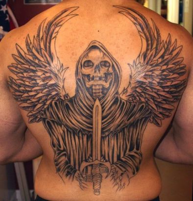 Reaper And Wing Pic Back Tattoo