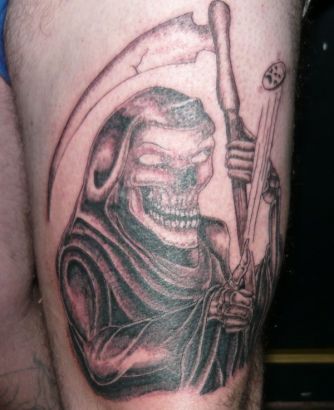 Grim Reaper Pic Tattoo On Thigh