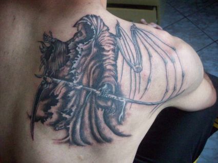 Grim Reaper Tattoo On Right Shoulder Blade