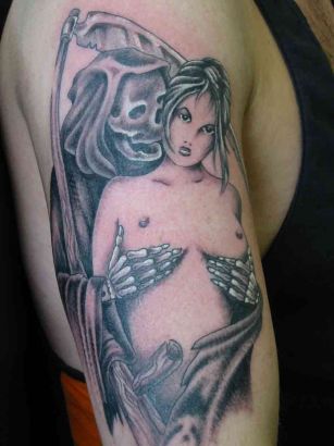 Grim Reaper And Girl Tattoo On Arm