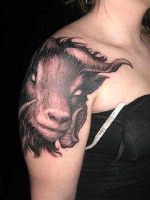 Capricorn Tattoo On Right Shoulder Of Girl